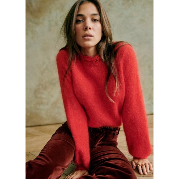 Sezane Sweaters - EUC Sezane Kethy Mohair Wool Embroidered Neck Sweater Tomato Red S-M